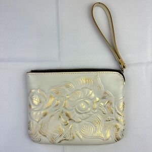 Patricia Nash Tooled Wristlet Leather Clutch Ivory Gold Embossed Floral Purse